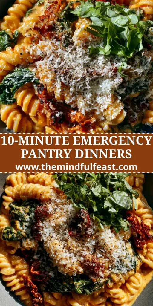 Last-Minute Dinners: 10-Minute Creamy Sun-Dried Tomato Fusilli 3 A top-down shot of creamy sun-dried tomato fusilli in a grey bowl, perfect for last-minute dinners.