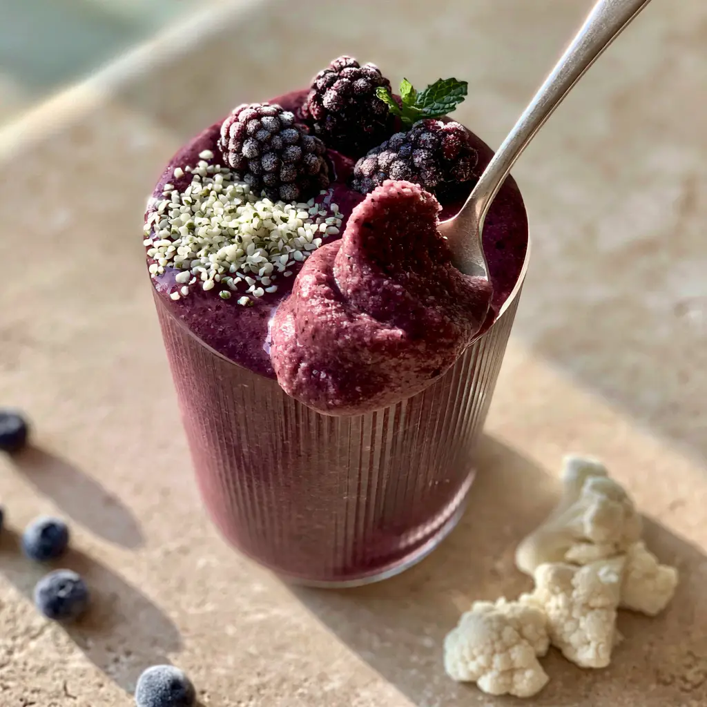 Smoothie Tips for the Thickest, Creamiest Purple Berry Blend 2 Close-up of a thick velvet purple smoothie in a ribbed glass with morning light. (smoothie tips)
