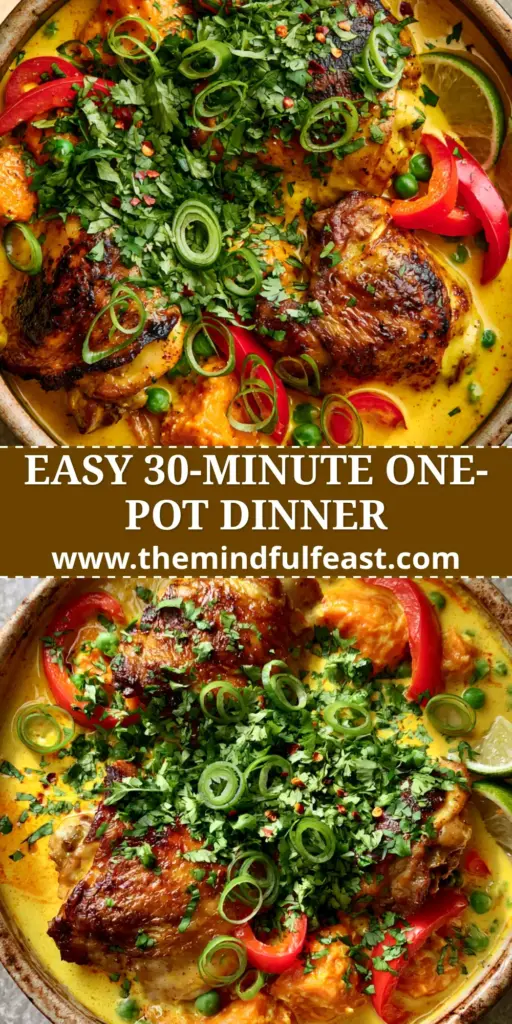 A high-angle shot of a rustic ceramic pot filled with vibrant Caribbean coconut chicken stew, garnished with cilantro and lime wedges on a grey stone countertop.