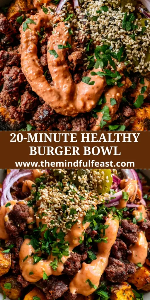 Sweet Potato Burger Bowl with Crispy Roasted Cubes and Special Sauce 4 A vibrant Sweet Potato Burger Bowl with charred potato cubes, mahogany beef crumbles, and creamy orange sauce ribbons. (sweet potato burger bowl)