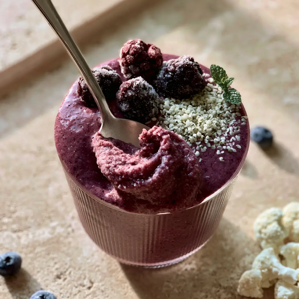 Smoothie Tips for the Thickest, Creamiest Purple Berry Blend 1 A minimalist glass of purple berry smoothie with hemp hearts and whole blackberries on top. (smoothie tips)
