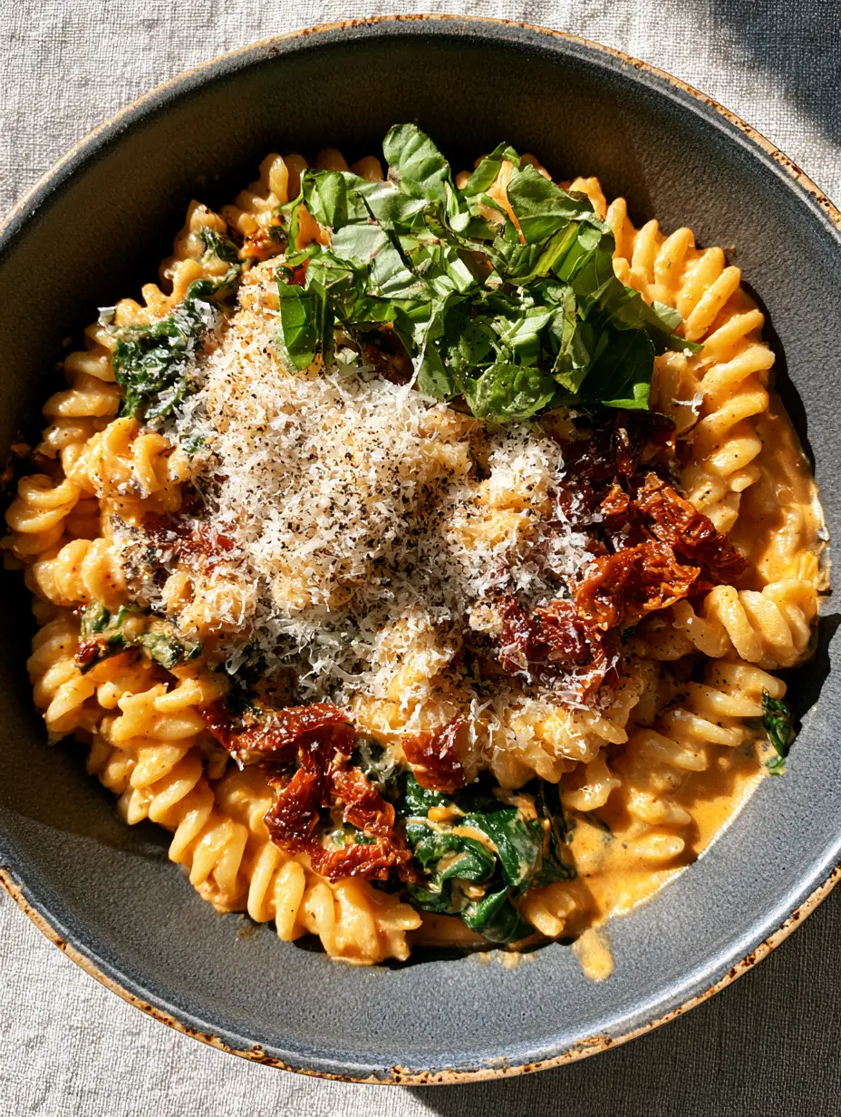 Last-Minute Dinners: 10-Minute Creamy Sun-Dried Tomato Fusilli 4 Close up of al dente fusilli in a golden-orange cream sauce with charred tomatoes. (last-minute dinners)