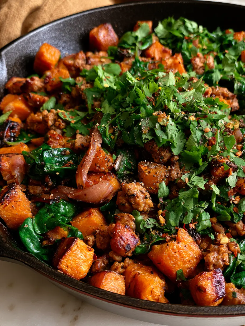 Ground Turkey and Sweet Potato Bowls: A Vibrant Cast Iron Skillet Meal 3 Close-up of caramelized sweet potato cubes and browned ground turkey crumbles in a cast iron skillet. (Ground Turkey and Sweet Potato Bowls)