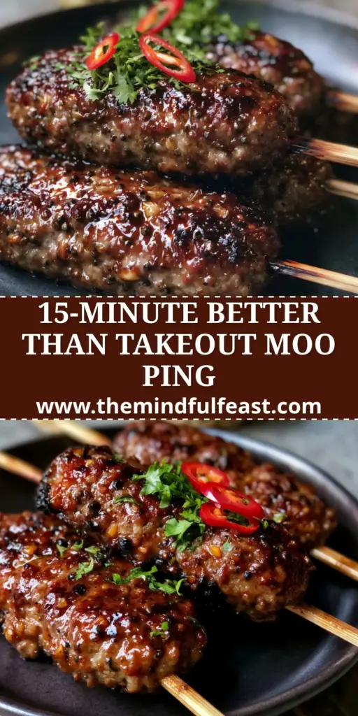 Thai-Style Ground Pork Skewers: The Ultimate Sticky Street Food Experience 3 A top-down view of glistening mahogany Thai-style ground pork skewers on a dark ceramic plate with bird's eye chilies and cilantro.