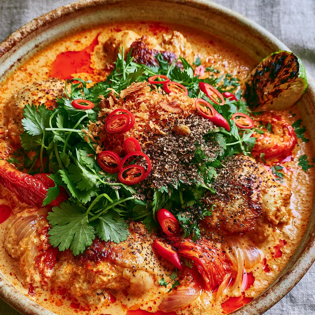 Spicy Brazilian Coconut Chicken: A Velvety One-Pot Masterpiece 1 Top down angle of the completed Spicy Brazilian Coconut Chicken with charred lime wedge and toasted coconut flakes.