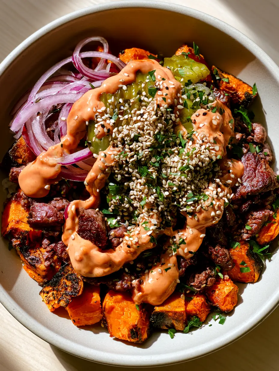 Sweet Potato Burger Bowl with Crispy Roasted Cubes and Special Sauce 3 Overhead shot of a Sweet Potato Burger Bowl in a matte white ceramic bowl. (sweet potato burger bowl)
