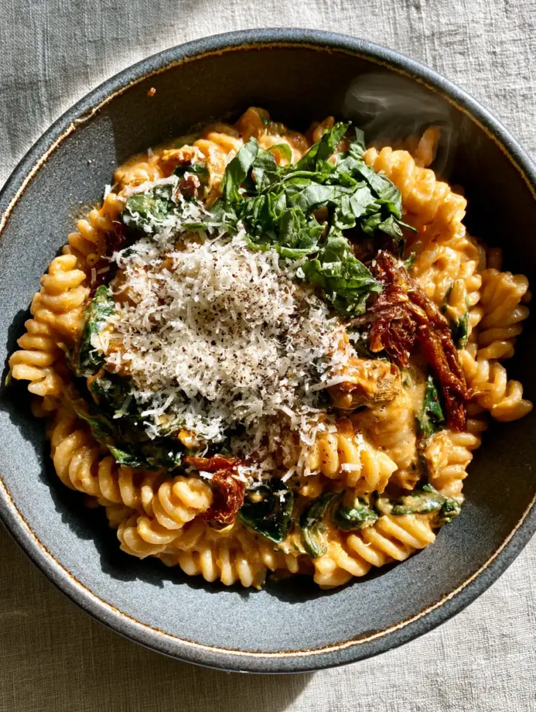 Last-Minute Dinners: 10-Minute Creamy Sun-Dried Tomato Fusilli 1 Overhead view of a rustic charcoal bowl with steaming pasta and a snowfall of parmesan.