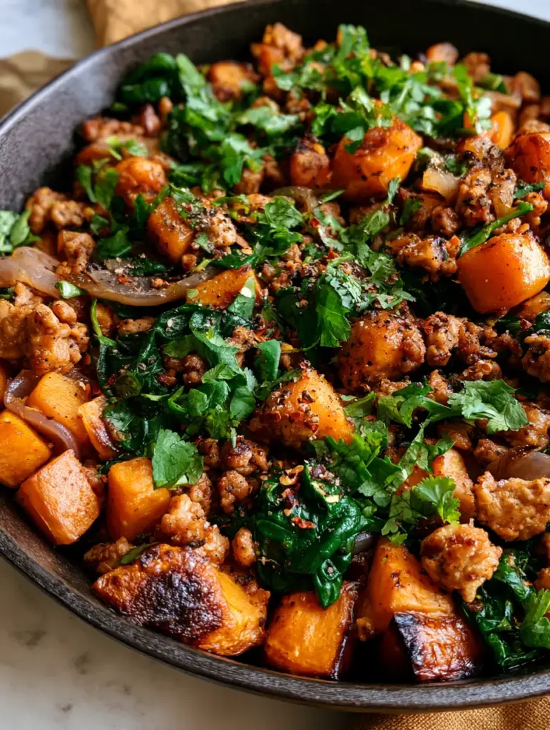 Ground Turkey and Sweet Potato Bowls: A Vibrant Cast Iron Skillet Meal 1 Vibrant green spinach and red onion slivers mixed with ground turkey and sweet potatoes in a rustic pan.