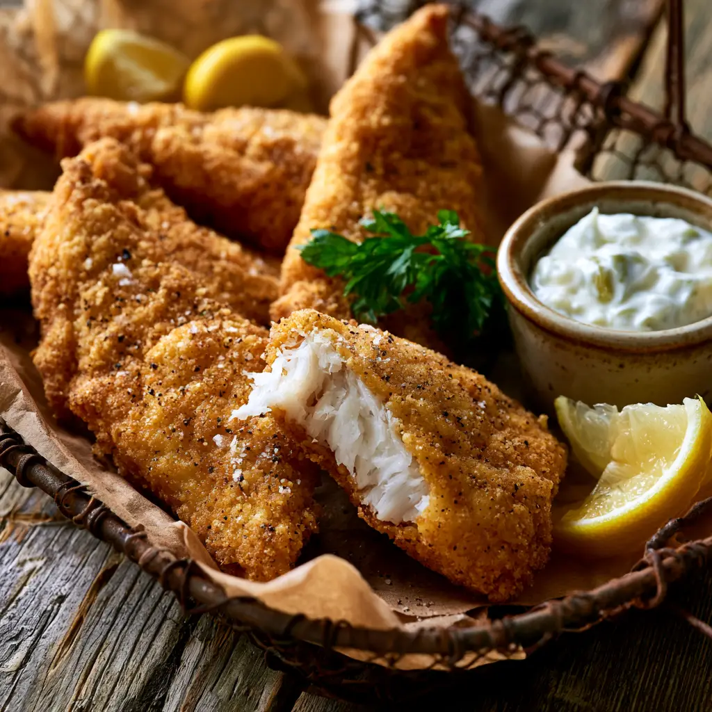 Fried bluegill fillet broken open to show flaky white meat inside a crispy breading. (bluegill recipes)