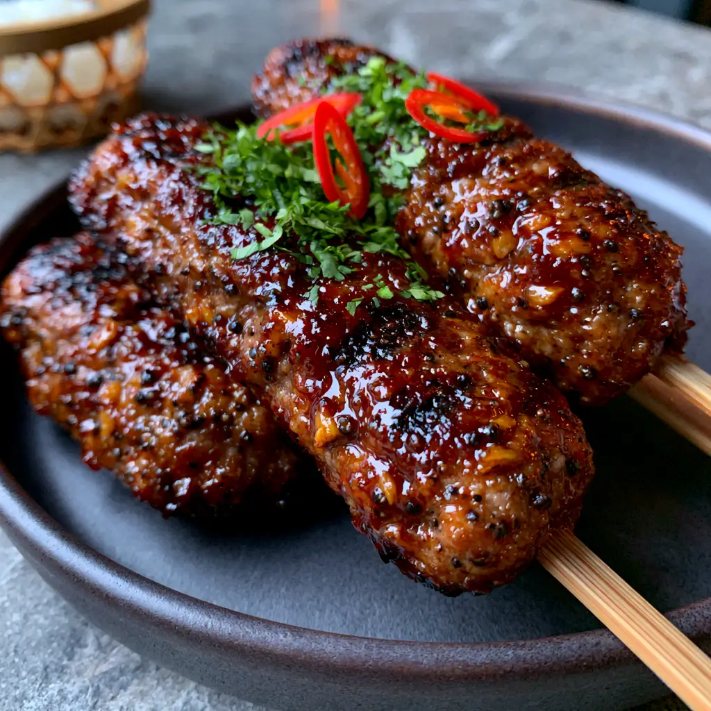 Thai-Style Ground Pork Skewers: The Ultimate Sticky Street Food Experience 2 Close-up smartphone photo of three Thai-style ground pork skewers with charred edges and red chili garnish.