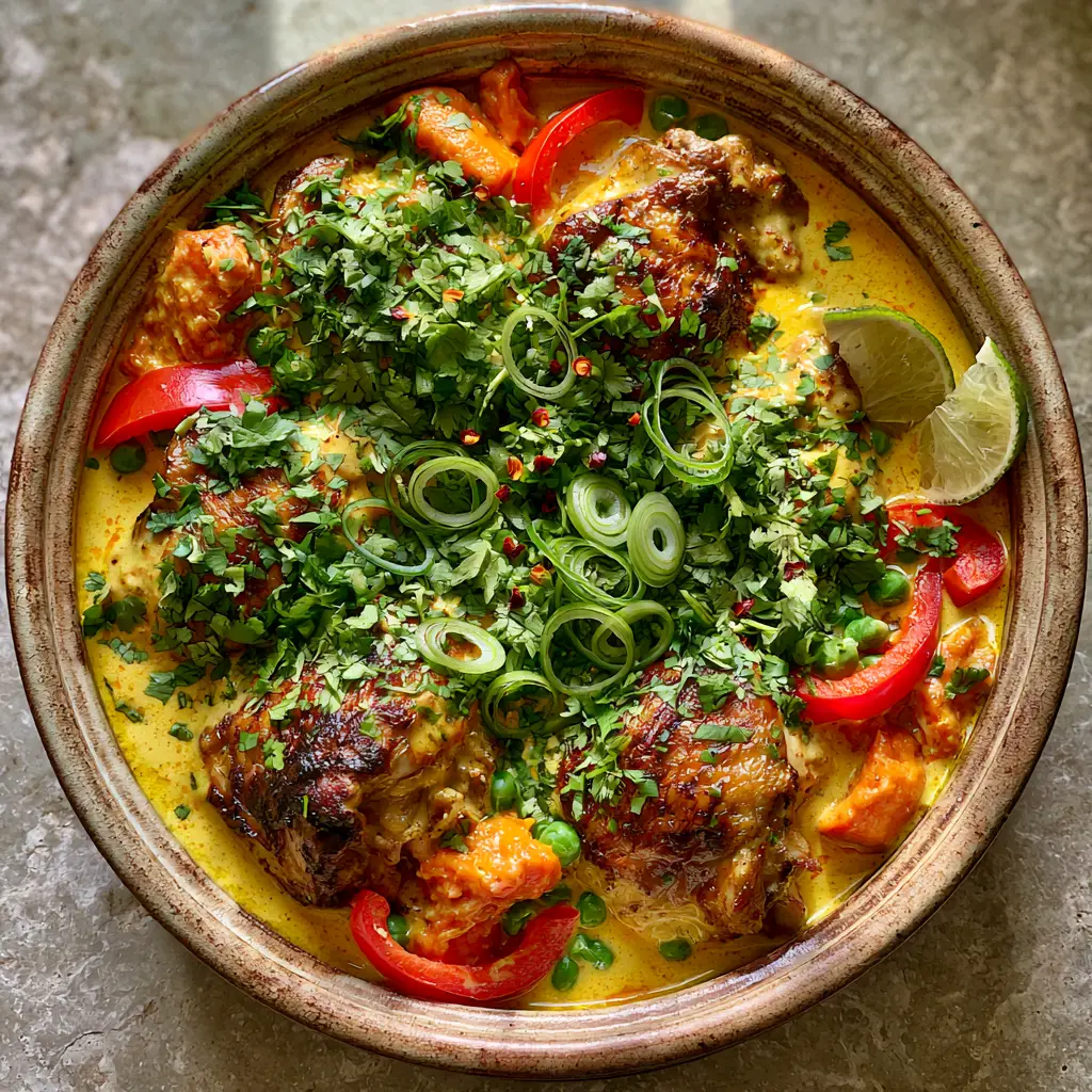 Close-up of the creamy Caribbean coconut chicken stew highlighting the fresh cilantro, scallions, and lime wedges garnishes.