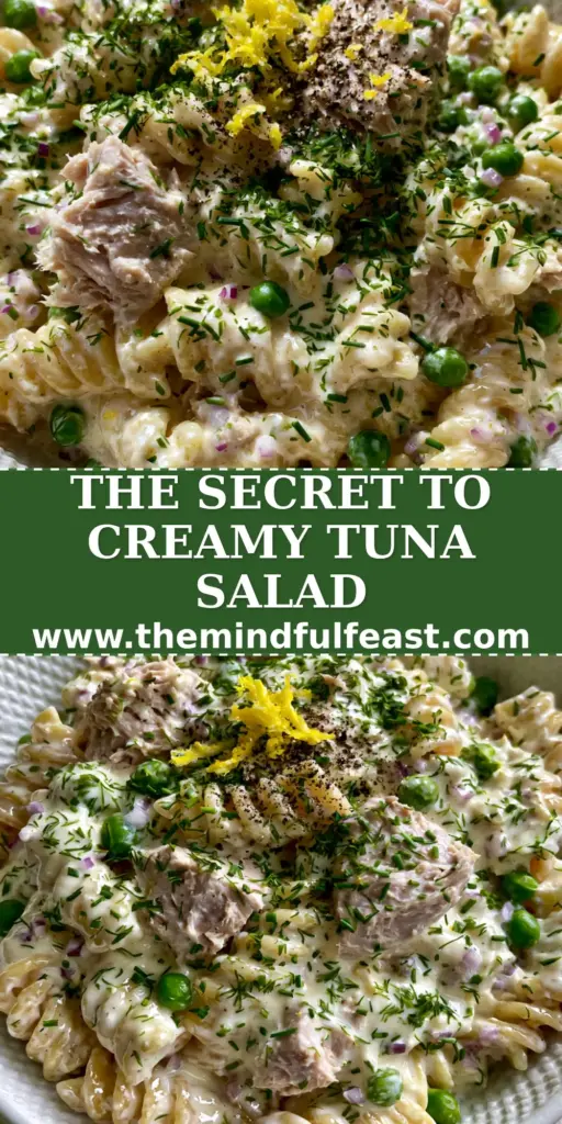 Creamy Tuna Pasta Salad with Greek Yogurt and Fresh Herbs 4 A top-down photo of Creamy tuna pasta salad in a white bowl with lemon zest and fresh dill garnishes on a light wood background.