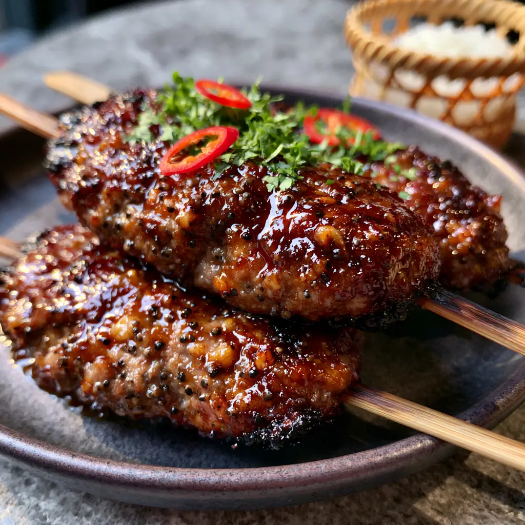 Thai-Style Ground Pork Skewers: The Ultimate Sticky Street Food Experience 1 Thai-style ground pork skewers resting on a dark plate next to a mini woven bamboo basket of sticky rice.