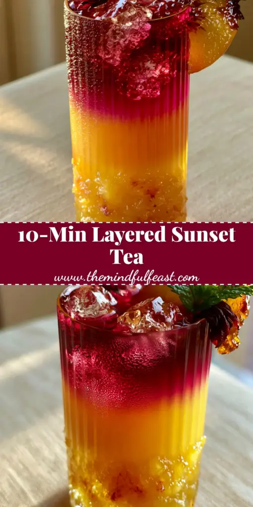 A tall ribbed glass showcasing the layered Peach Hibiscus Sunset Tea with a golden base and crimson top.