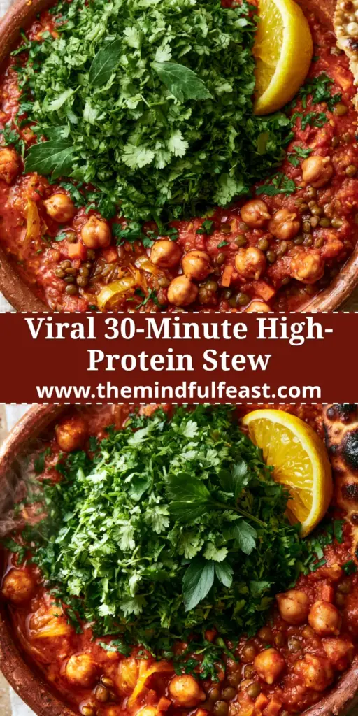 An overhead close-up shot of a rustic terracotta bowl filled with vibrant Moroccan Harira soup topped with herbs and a lemon wedge.