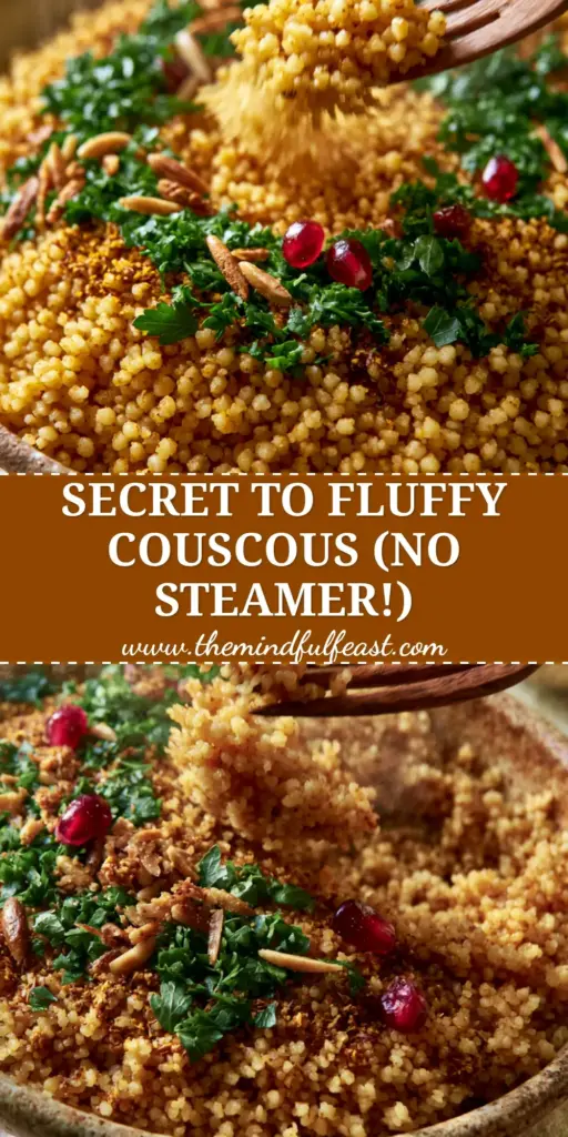 Moroccan Couscous with Fragrant Ras el Hanout, Toasted Almonds, and Pomegranate 3 A close-up shot of fluffy golden Moroccan Couscous in a rustic bowl with pomegranate seeds and almonds.