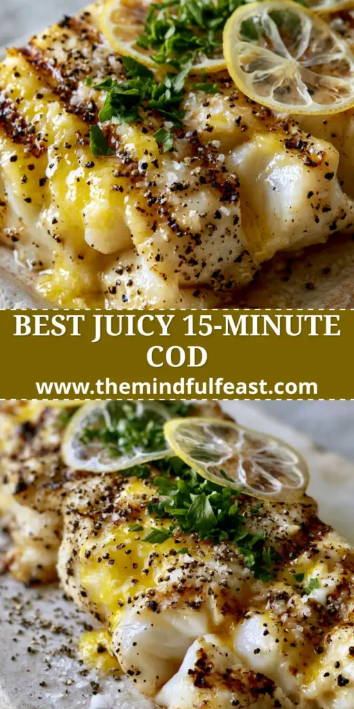 A close-up of a thick lemon pepper grilled cod fillet with deep char marks, flaking into juicy pearlescent chunks, topped with lemon slices and fresh parsley. (Lemon pepper grilled cod recipe)
