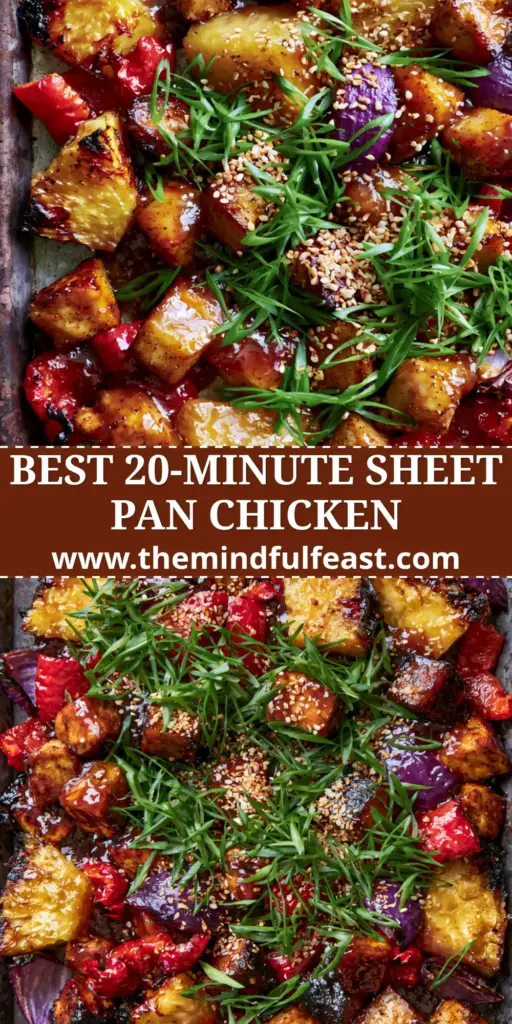 A top-down view of a dark metal sheet pan filled with glazed Pineapple Chicken, charred pineapple, and blistered red peppers.