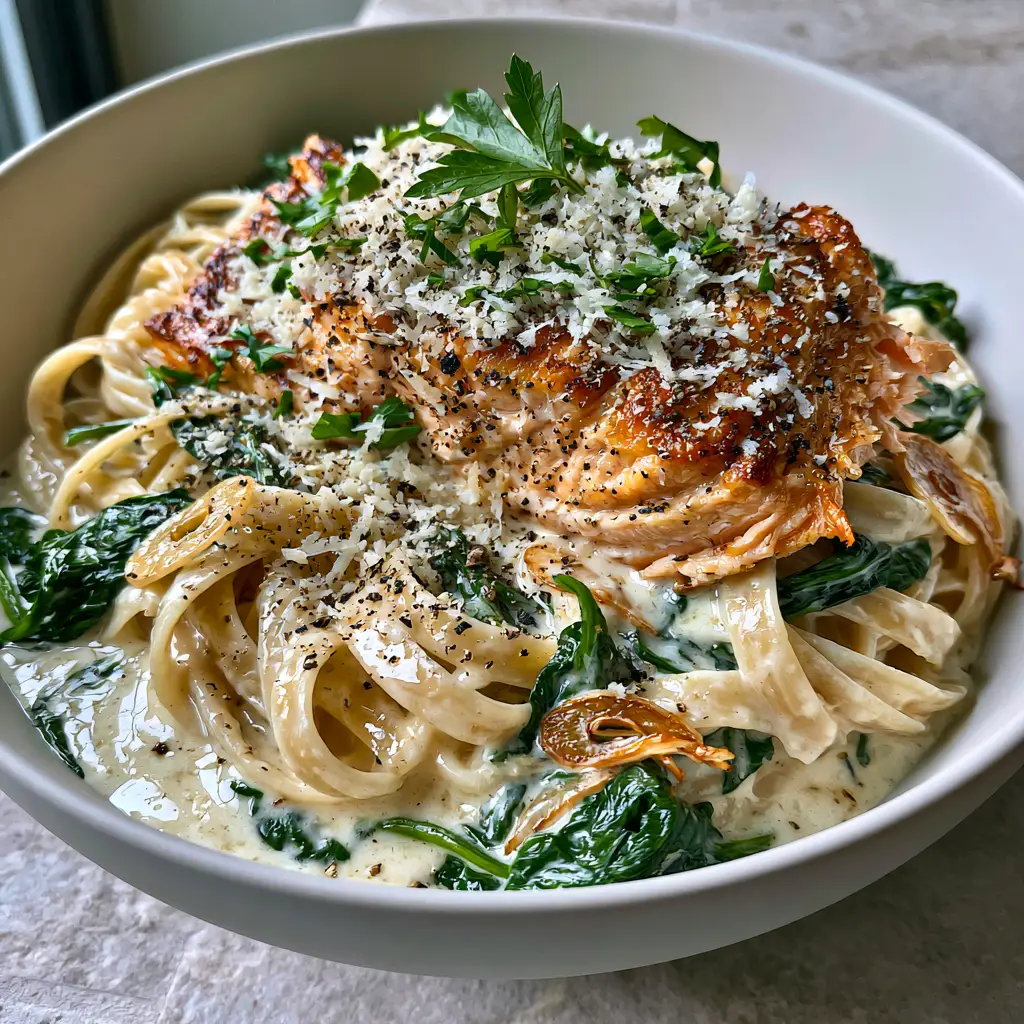 Top-down view of salmon pasta in a matte bowl, highlighting the glossy ivory sauce, green spinach, and sautéed garlic slivers.