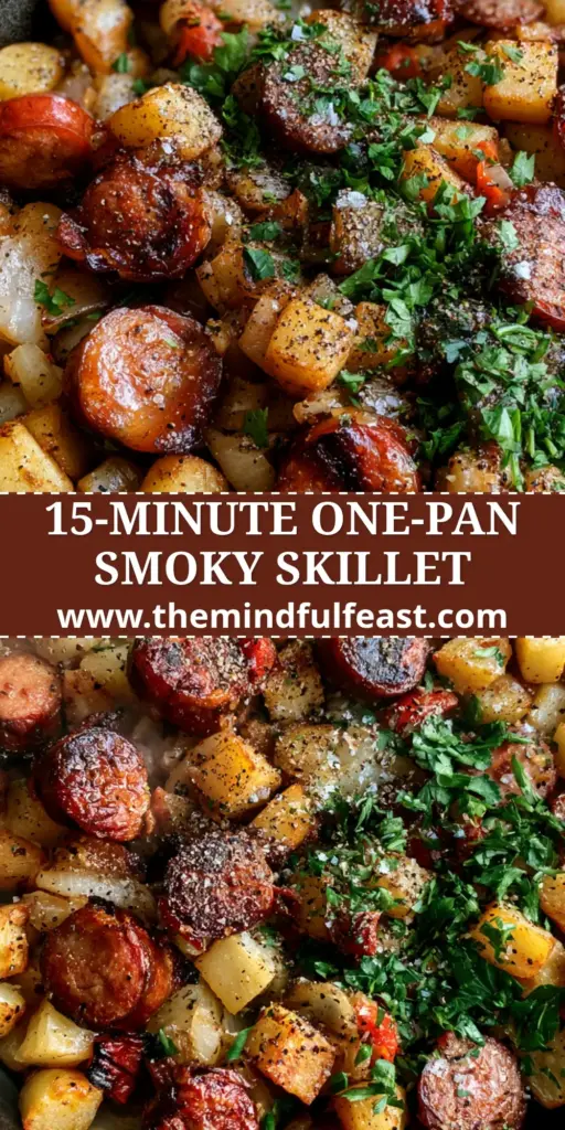 A top-down view of a Smoky sausage meal in a cast iron skillet with crispy potatoes and fresh parsley garnish.