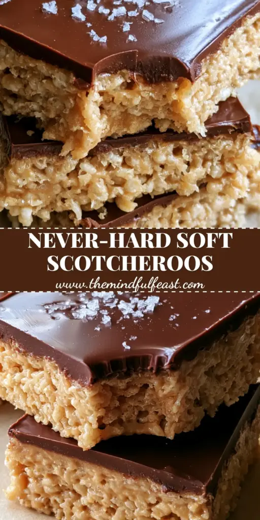 A stack of thick, chewy scotcheroos with a glossy chocolate topping and flakey sea salt on parchment paper. (scotcheroos recipe)