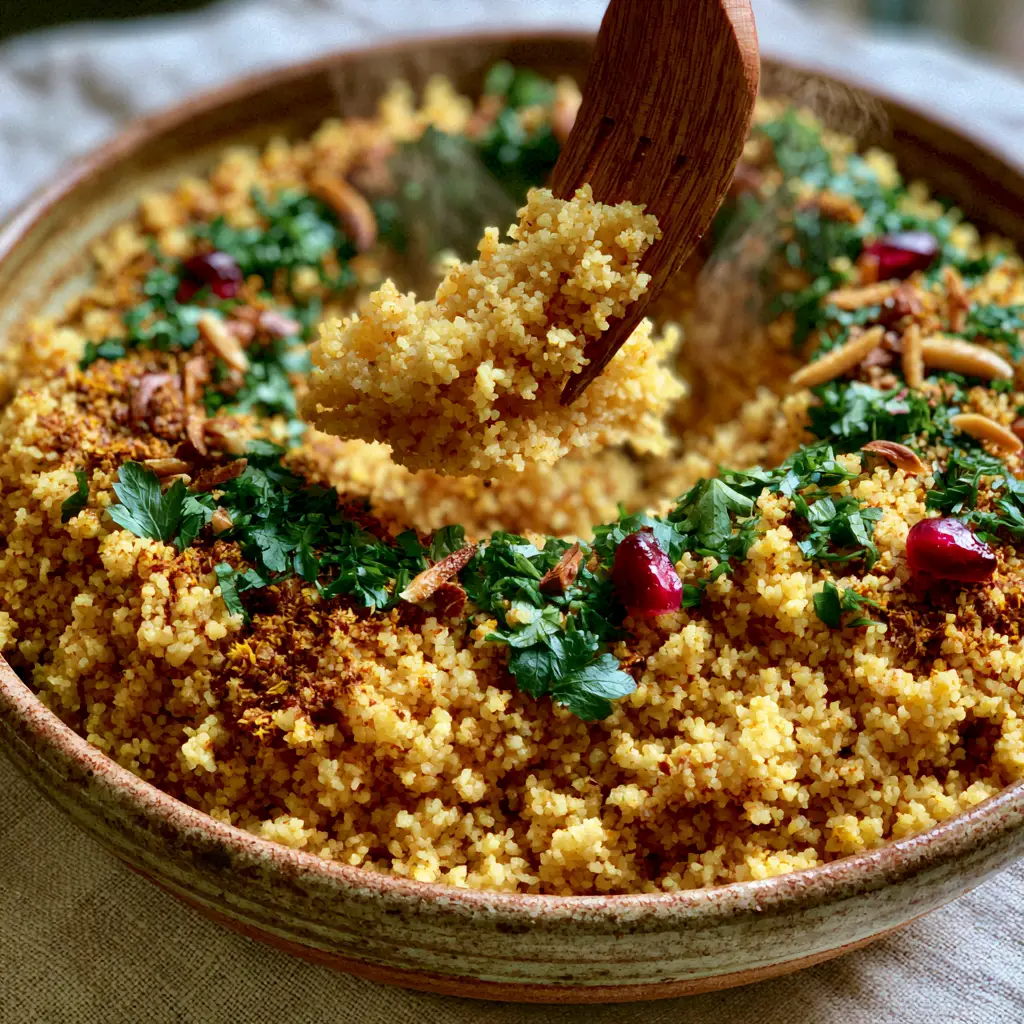 Moroccan Couscous with Fragrant Ras el Hanout, Toasted Almonds, and Pomegranate 2 Detailed view of individual semolina grains of Moroccan Couscous coated in amber spices.