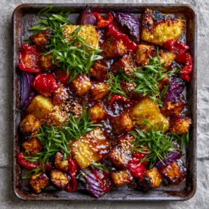 Close up of mahogany-colored Pineapple Chicken cubes with toasted sesame seeds and green onions.