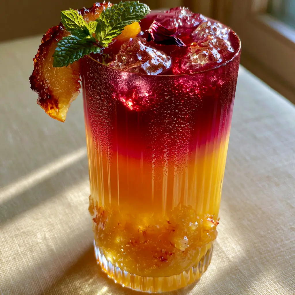 Handheld photo of the Peach Hibiscus Sunset Tea featuring a caramelized peach wedge and mint garnish.