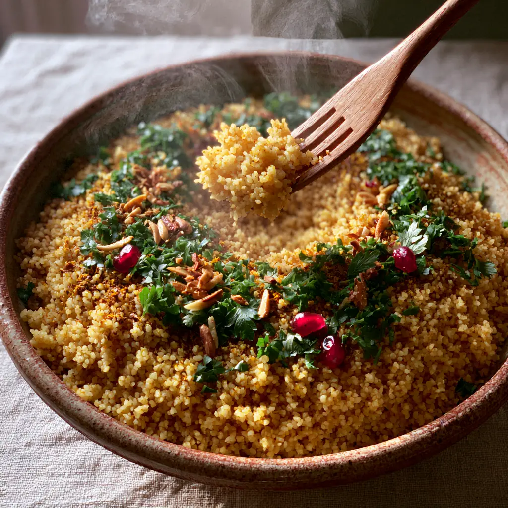 Moroccan Couscous with Fragrant Ras el Hanout, Toasted Almonds, and Pomegranate 1 A wooden fork lifting a light cloud of Moroccan Couscous from a rustic ceramic bowl.
