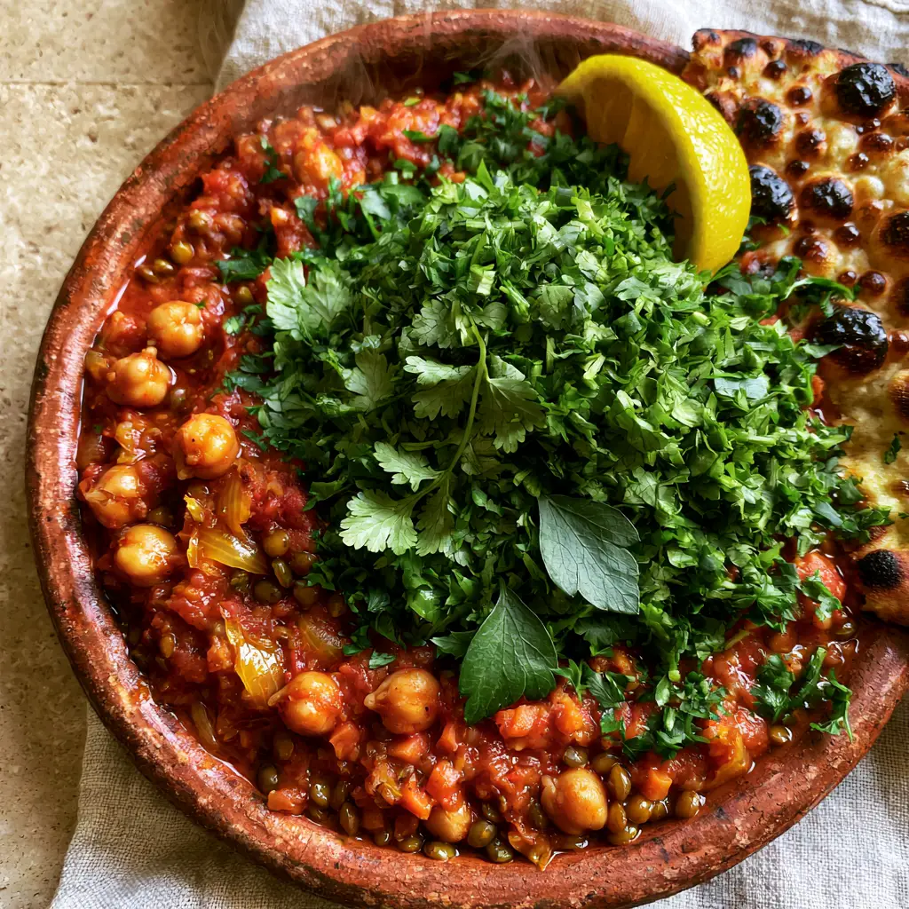 Detail shot of chickpeas and lentils submerged in a thick tomato-based Moroccan soup.