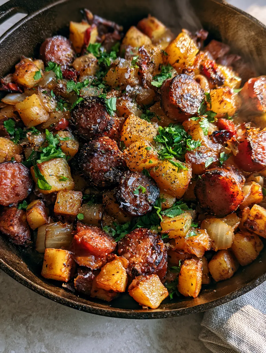 Close-up of seared smoked sausage rounds and golden-brown potato cubes in a Smoky sausage meal.