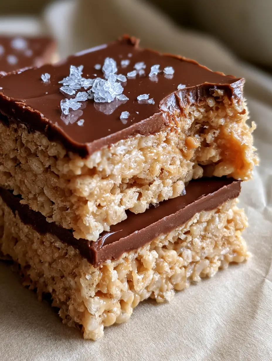 Extreme macro close-up of a scotcheroo bar showing the dense toasted rice cereal layer and thick mahogany ganache. (scotcheroos recipe)