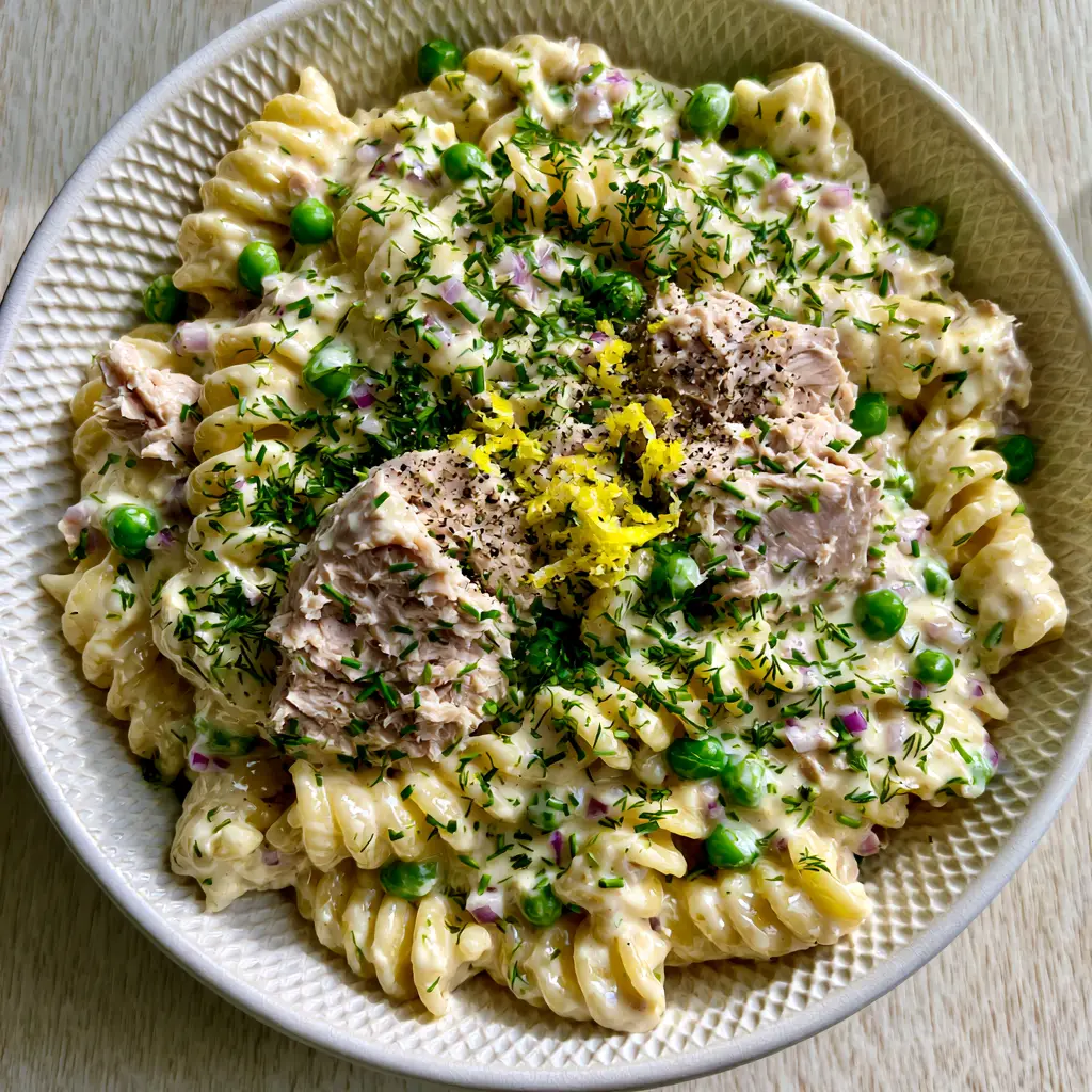 Creamy Tuna Pasta Salad with Greek Yogurt and Fresh Herbs 2 Close up of al dente fusilli coated in thick glossy ivory dressing with moist tuna flakes and bright green peas.