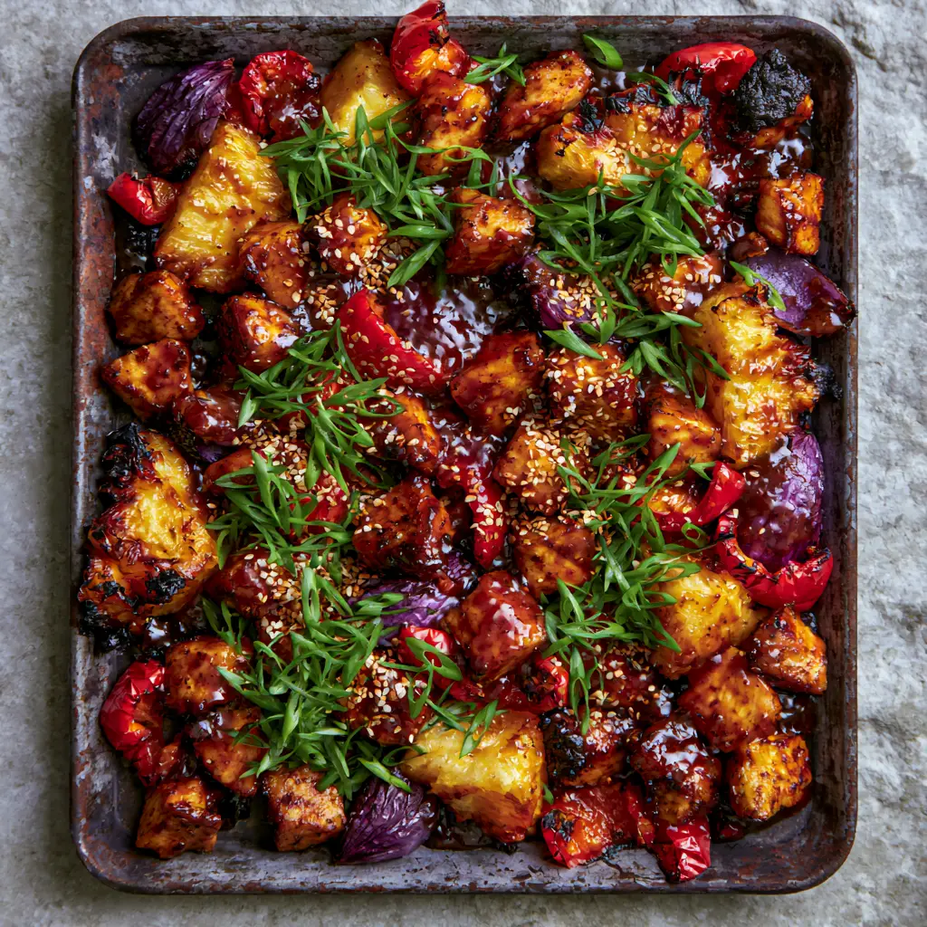 Overhead shot of charred golden pineapple and blistered red bell peppers on a rustic pan.