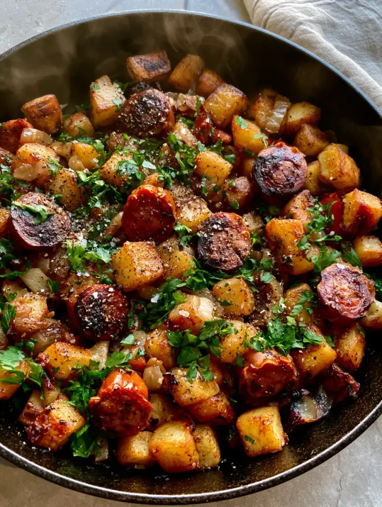 A smartphone-style photo of a Smoky sausage meal skillet on a stone countertop with a linen napkin.