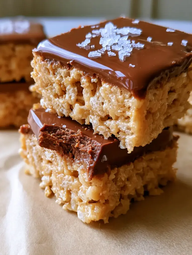 Close-up of the ultra-glossy chocolate and butterscotch topping on scotcheroos with salt crystals. (scotcheroos recipe)