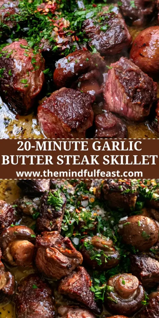 Cowboy Mushroom Beef Skillet: The Ultimate Garlic Butter Steak Bite Recipe 4 A top-down view of a rustic cast iron cowboy mushroom beef skillet featuring seared steak bites, whole cremini mushrooms, and a golden garlic butter sauce sprinkled with fresh parsley and flaky salt.