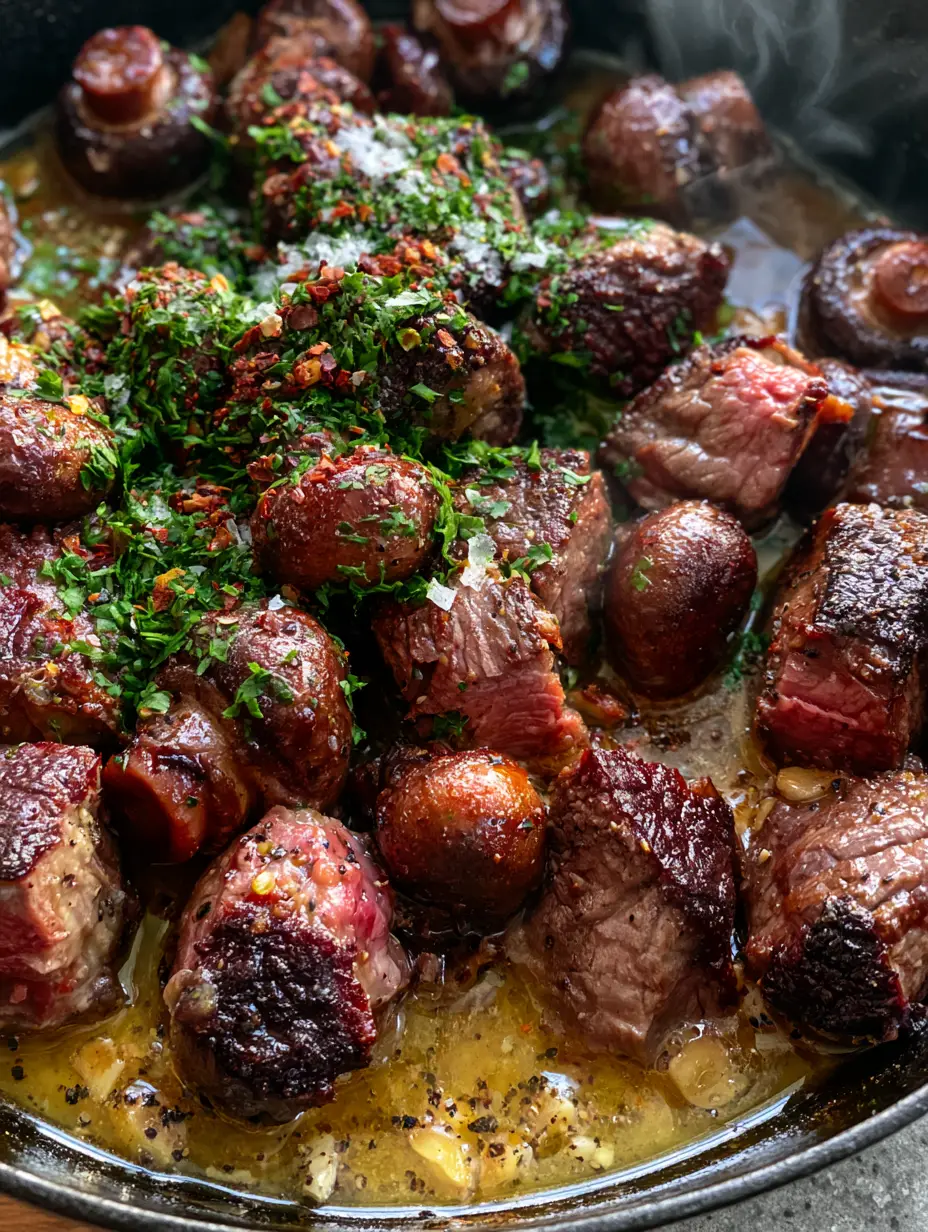 Cowboy Mushroom Beef Skillet: The Ultimate Garlic Butter Steak Bite Recipe 3 Extreme close-up of seared sirloin cubes and caramelized cremini mushrooms in a bubbling cowboy mushroom beef skillet with garlic bits.