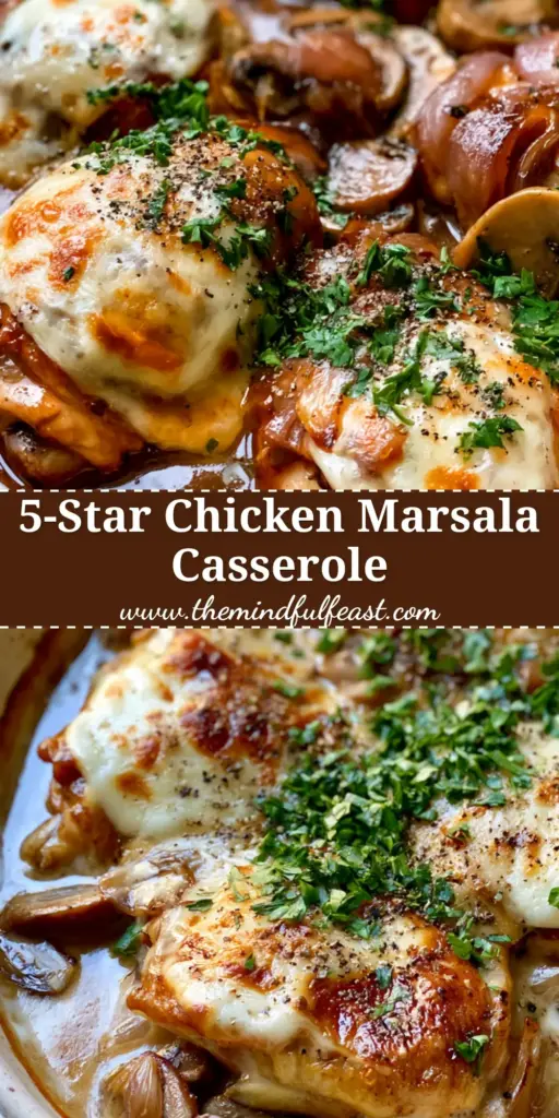 Chicken Marsala Casserole with Velvety Mushroom Sauce and Melted Mozzarella 4 A rustic white ceramic dish filled with Chicken Marsala casserole featuring seared chicken, caramel sauce, and bubbly cheese.