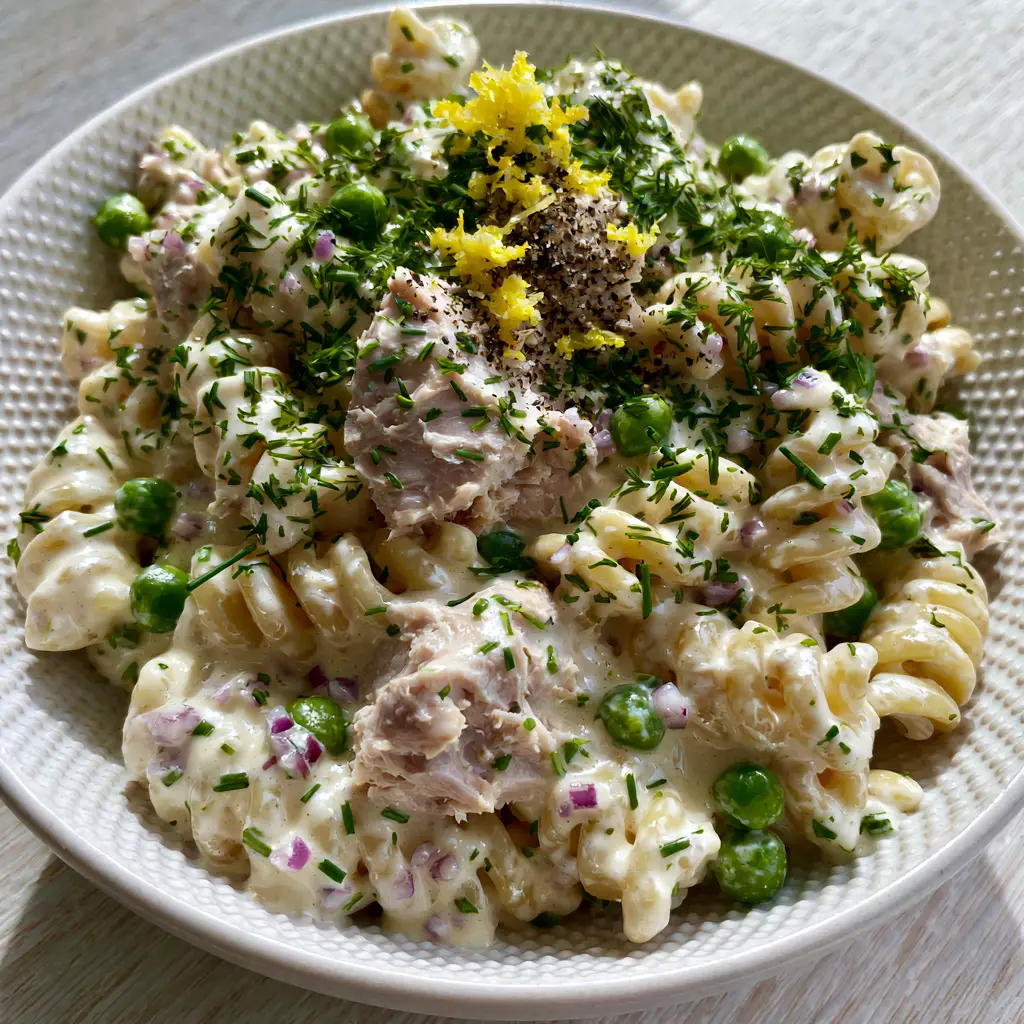 Creamy Tuna Pasta Salad with Greek Yogurt and Fresh Herbs 1 Creamy tuna pasta salad garnished with cracked black pepper and finely minced red onion jewels.