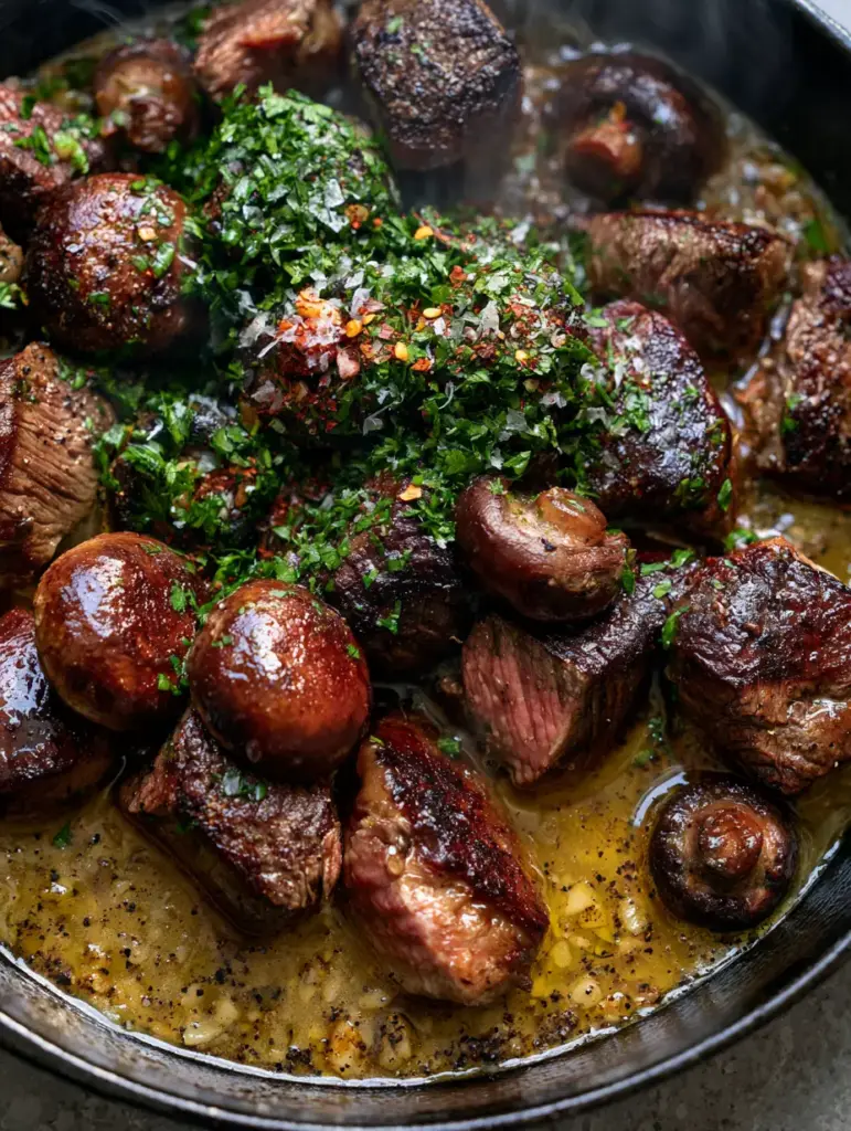 Cowboy Mushroom Beef Skillet: The Ultimate Garlic Butter Steak Bite Recipe 1 Glossy whole cremini mushrooms and juicy steak cubes in a glistening garlic butter sauce within a black cast iron skillet.