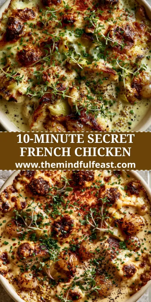 Creamy French Chicken Casserole with Bubbly Gruyère and Caramelized Leeks 4 A close-up overhead shot of a Creamy French Chicken Casserole in a cream dish, featuring bubbly charred Gruyere and fresh thyme.