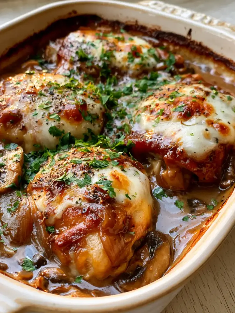 Chicken Marsala Casserole with Velvety Mushroom Sauce and Melted Mozzarella 2 Close-up of golden-brown chicken thighs in a glossy, caramel-colored Marsala sauce with mushrooms. (Chicken Marsala casserole)