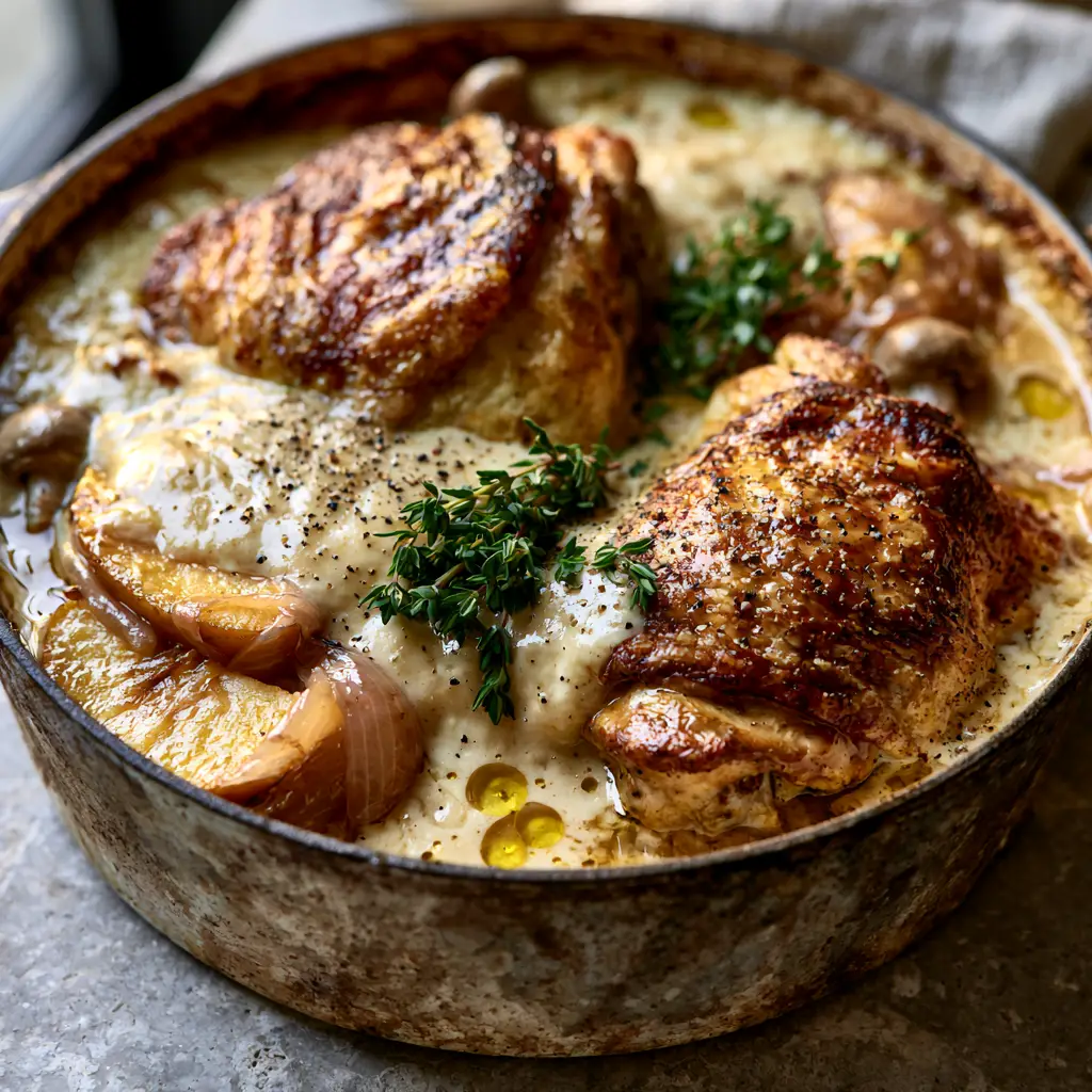 French Chicken Casserole a la Normande: The Ultimate Creamy Apple and Thyme Braise 2 Close up hero shot of French Chicken Casserole a la Normande with golden skin and glossy ivory cream sauce.
