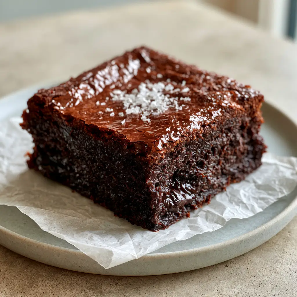 Top view of a square brownie with dark chocolate pockets and sea salt on a light gray plate.