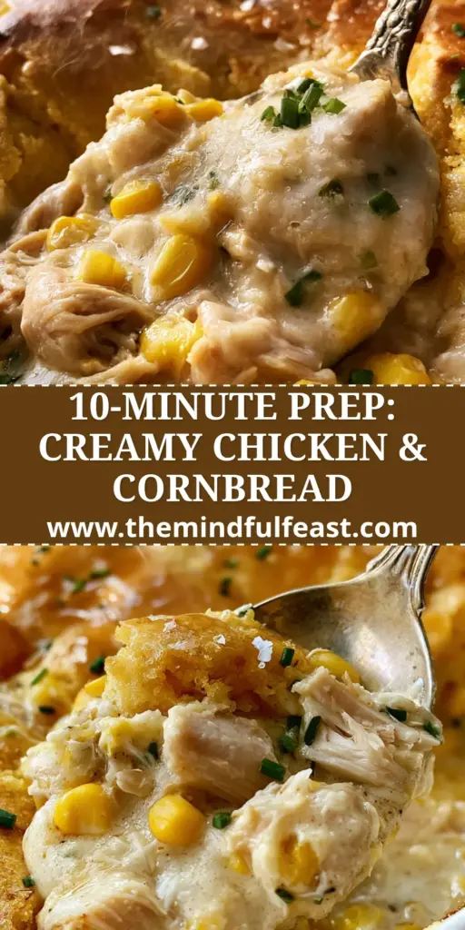 A scoop of Creamy Chicken and Cornbread Casserole being lifted with a silver spoon, showing the golden crust and bubbling chicken interior.