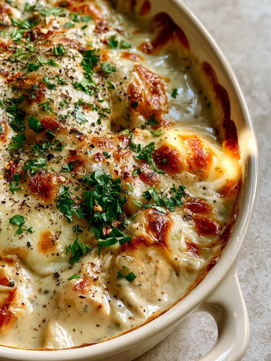 Extreme close-up of golden toasted cheese and garlic cream sauce in a Creamy Smothered Chicken Casserole.