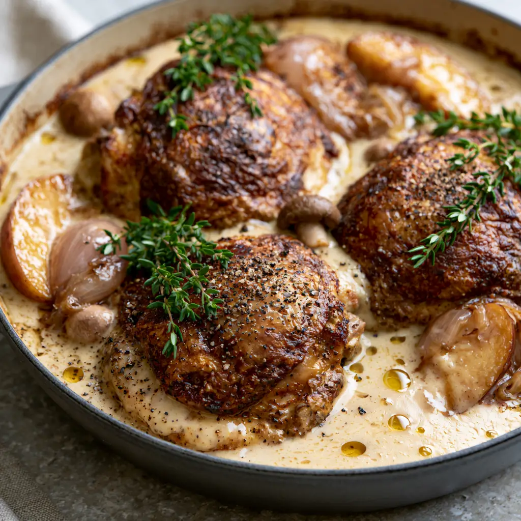 French Chicken Casserole a la Normande: The Ultimate Creamy Apple and Thyme Braise 1 Detailed view of caramelized honey-crisp apples and thyme sprigs in French Chicken Casserole a la Normande.