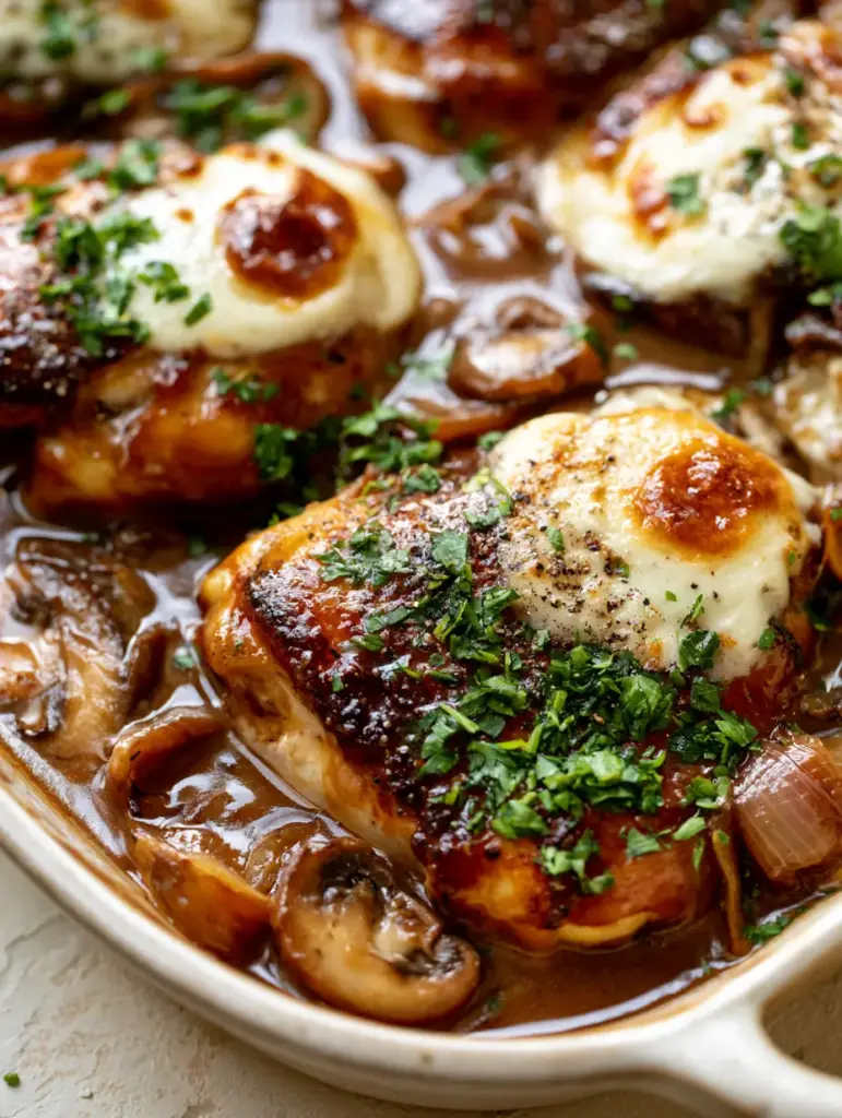 Chicken Marsala Casserole with Velvety Mushroom Sauce and Melted Mozzarella 1 High-angle view of Chicken Marsala casserole with bubbly mozzarella patches and fresh parsley garnish.