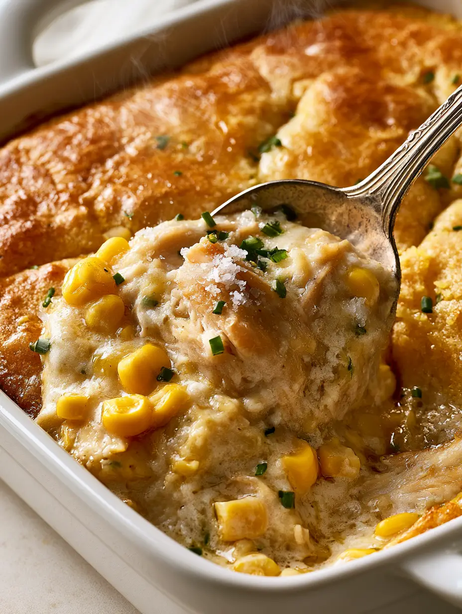 Close-up of the golden-brown cornbread crust with soft cracks and steam vapors rising from the Creamy Chicken and Cornbread Casserole.